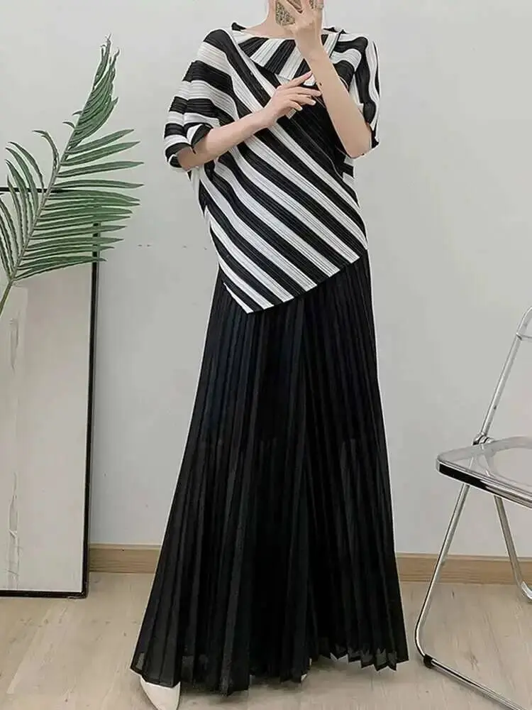 LANMREM 2 Pieces Sets Women Striped Short Sleeves Irregular Shirt Wide Leg Pants Female Elegant Clothing 2025 Spring New 2DB1516