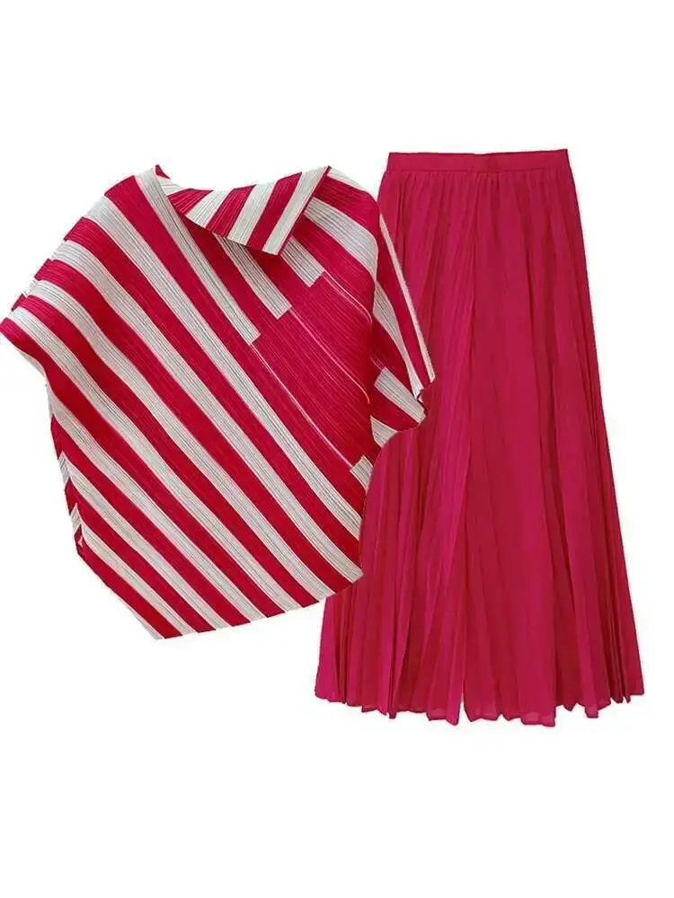 LANMREM 2 Pieces Sets Women Striped Short Sleeves Irregular Shirt Wide Leg Pants Female Elegant Clothing 2025 Spring New 2DB1516