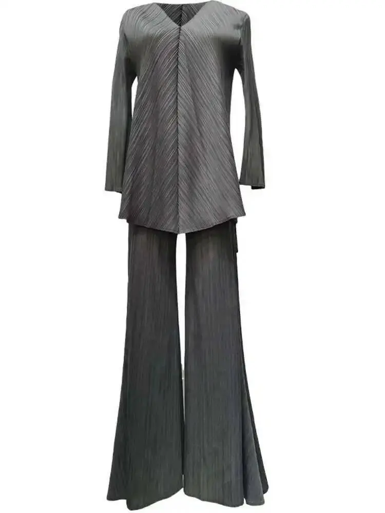 LANMREM Two Pieces Sets for Women V-neck Solid Color Pleated Elastic Waist Casual Pants Suits Female New 2025 Spring 2J918