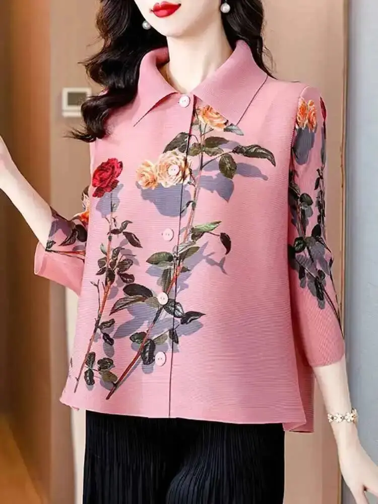 LANMREM Flower Printed Shirt Women Lapel Single Breasted Three Quarter Sleeves Pleated Shirts Female New Fashion Clothes 2DC1537