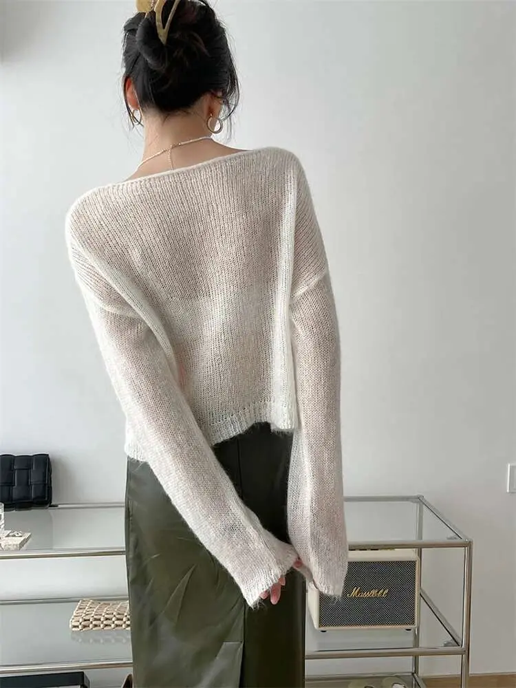 LANMREM Thin Knitted Sweater Women Long Sleeves Solid Color Transparent Pullover Female Fashion Top 2025 Spring Winter 2R4360
