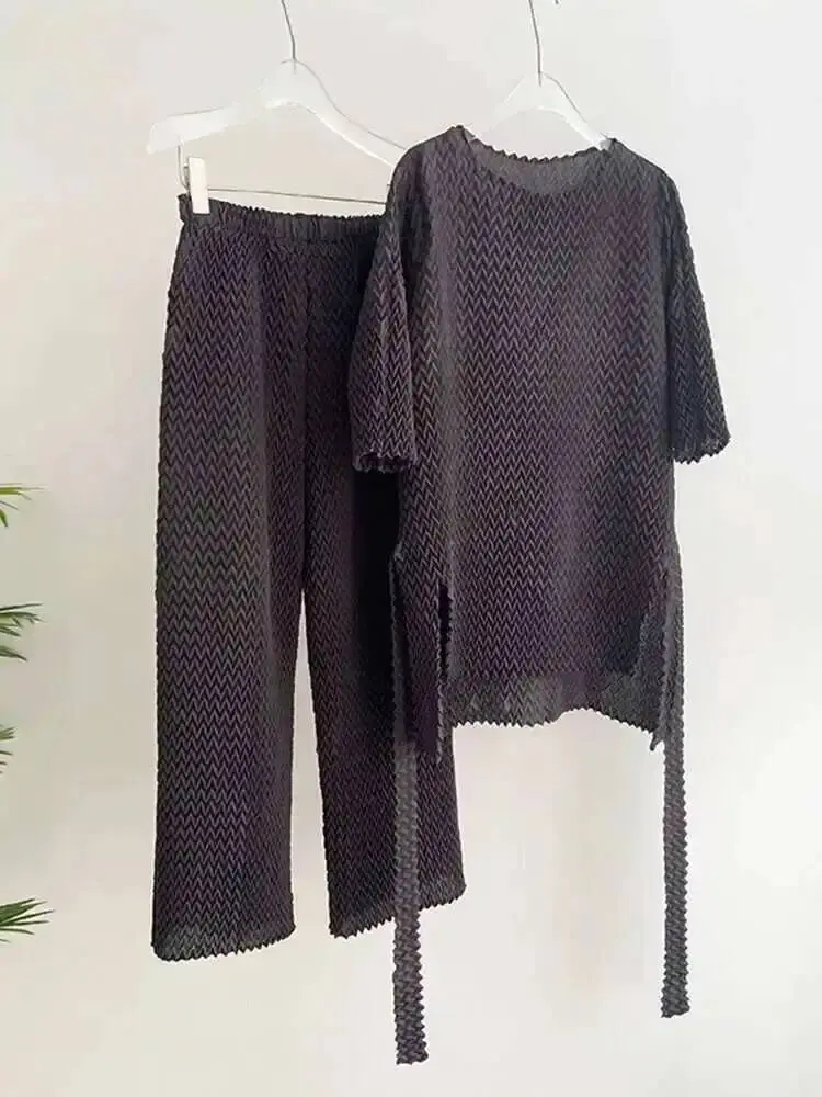 LANMREM 2 Pieces Pleated Sets For Women Round Neck Bandage Shirt With Loose Trouses Female Fashion Clothing Spring New 2DB2228