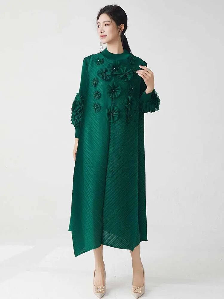 LANMREM Temperament Pleated Three-dimensional Patch Dress Women's Fashion Tide 2025 Spring Summer New O-neck Long Dresses 2DE565
