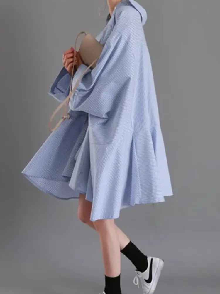 LANMREM Irregular Shirts Women Lapel Long Sleeves Loose Big Size Striped Shirt Female Casual Clothing 2025 Spring New 2DA5801