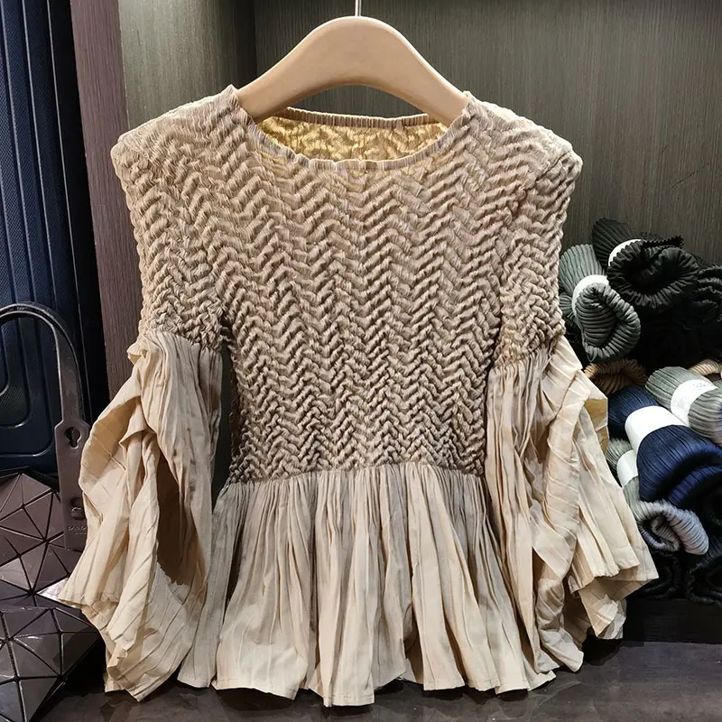 LANMREM High-end Spliced Pleated Top 2025 New Fashion Pink Loose Design Elastic Puff Sleeve O-neck Women's T-shirt Chic 2DB3331