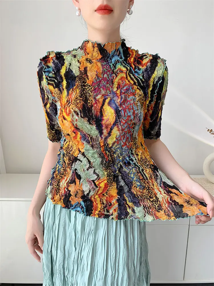LANMREM Handmade Random Pleated Print Summer Pleated Top For Women Comfortable Casual Loose Famale's Elastic T-shirt 2DB3453