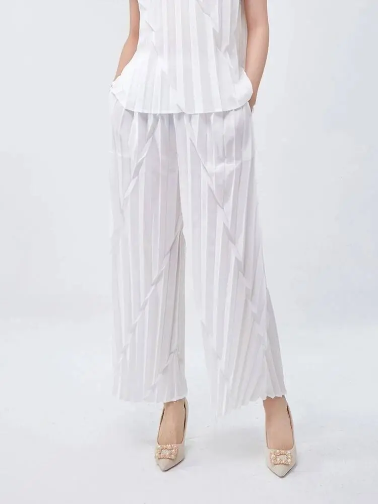 LANMREM Pleated Straight Leg Pants For Women 2025 Summer New Elastic Loose Wide Leg Ankle-length Pants Chic Trousers 2DB3412