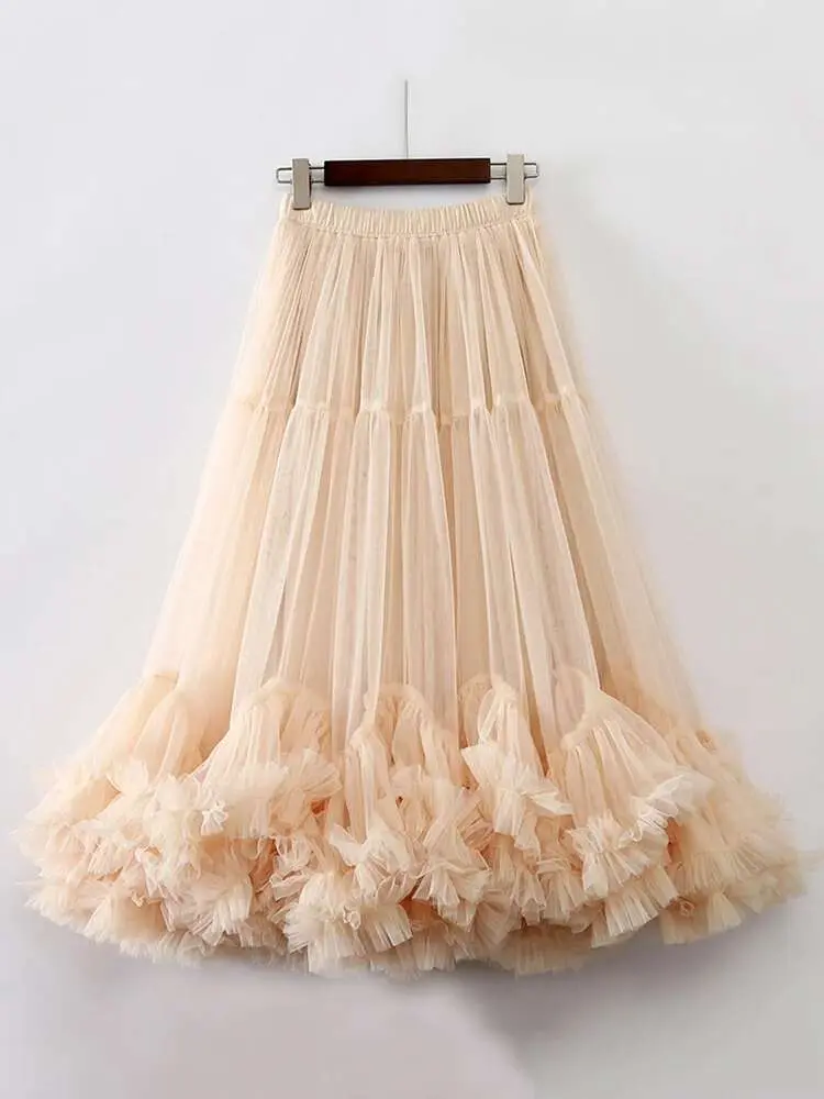 LANMREM Women A-line Mesh Skirt Casual Elastic High Waist Fungus Patchwork Skirts Fashion 2025 Spring New Clothing 2AA1365