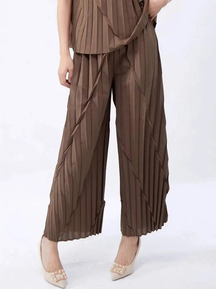 LANMREM Pleated Straight Leg Pants For Women 2025 Summer New Elastic Loose Wide Leg Ankle-length Pants Chic Trousers 2DB3412