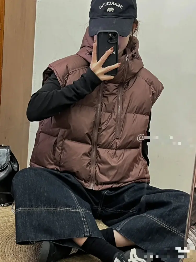 Women's Hooded Down Vest, Double Zipper Undershirts, Fashionable Waistcoat, Autumn and Winter Outer Wear