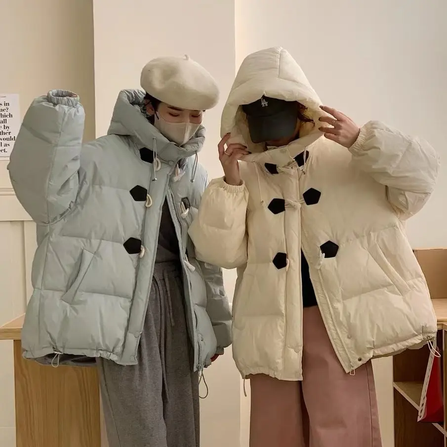 Women's White Duck Down Coat, Thick Short Puffer Jacket, Hooded Loose Warm Overcoat, Cow Horn Buckle, Winter, New, 2024