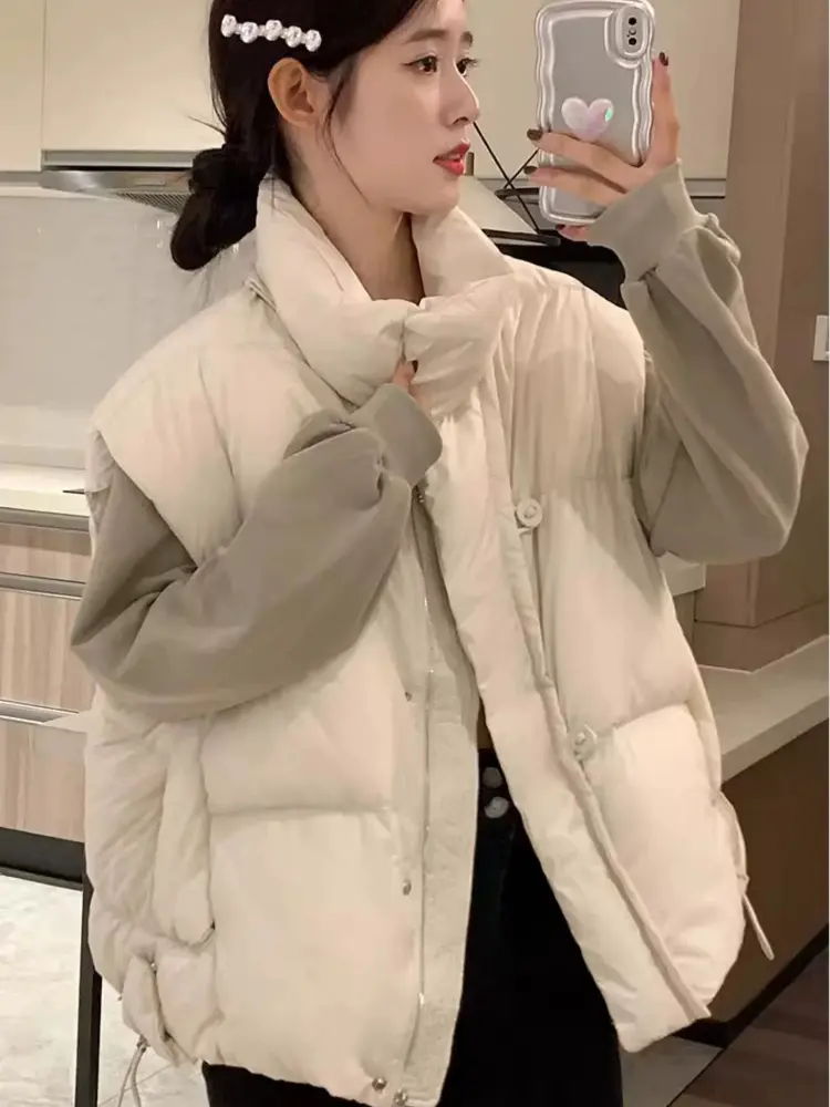 Sleeveless Duck Down Waistcoat, Casual Stand Collar, Versatile Thick Short Vestcoat, 90 White, Autumn, Winter