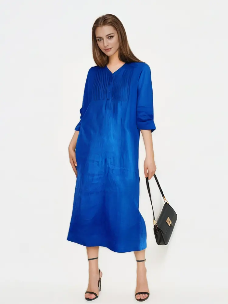 Summer Cotton Linen Womens Dresses 2025 Vintage Style V-neck Dress Solid Color Loose Female Casual Long Dresses