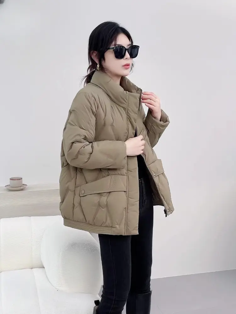 Women's Light Short White Duck Down Coat, Slim Stand-up Collar, Warm Jacket, Temperament Leisure Parka, Winter, New, 2024