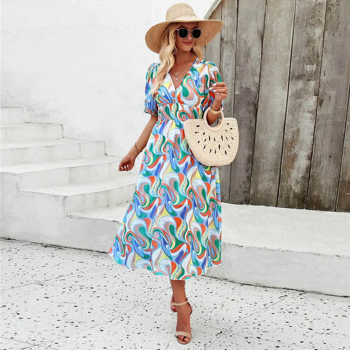 Spring and Summer New Dresses for Women Vacation Leisure Printing Temperament Waisted V-neck Short-sleeved Long Dresses