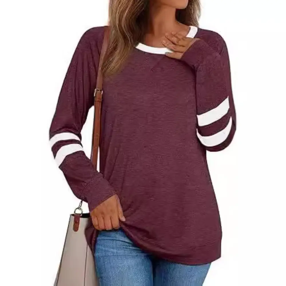 Spring and Autumn New Women's Fashion Color Collision Long-sleeved Casual Loose Round Neck T-shirt Tops Color Blocking