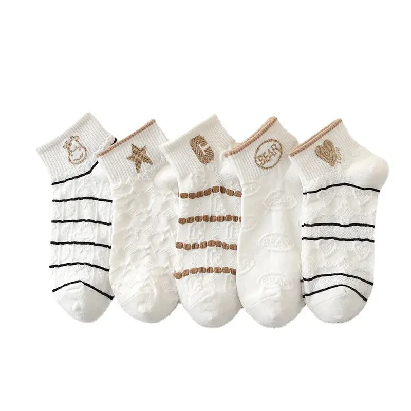 5Pairs Cute Socks For Women Spring Summer Ultra Thin Mesh Breathable Low Cut Socks White Cartoon Short Socks y2k Kawaii Socks
