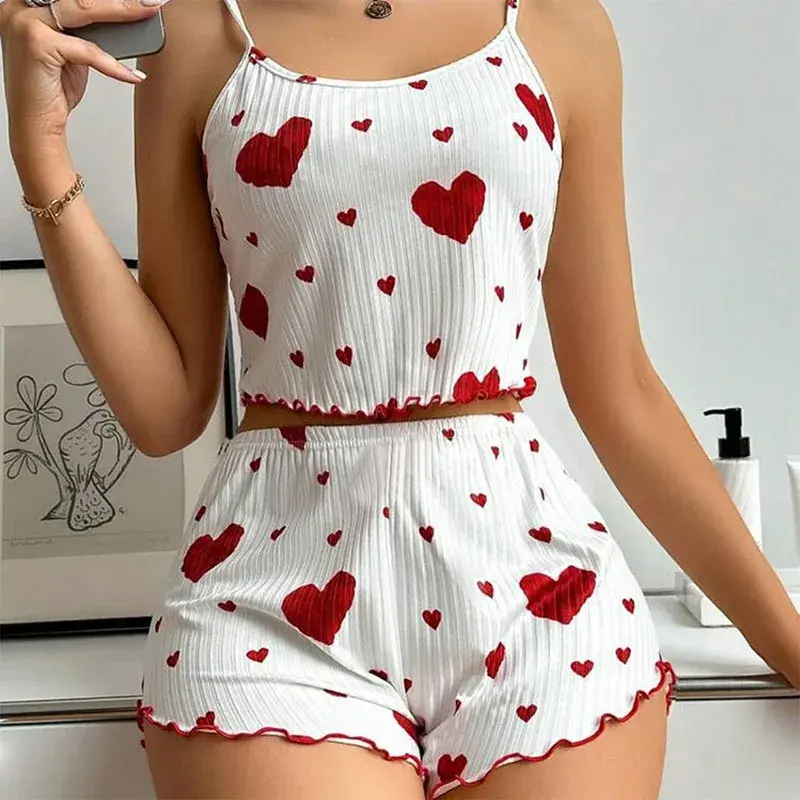 Women's Pajamas Set Sleepwear 2 PCS Short Tank Tops And Shorts S M L XL White Ventilate Soft Casual Love Printing Nightgown