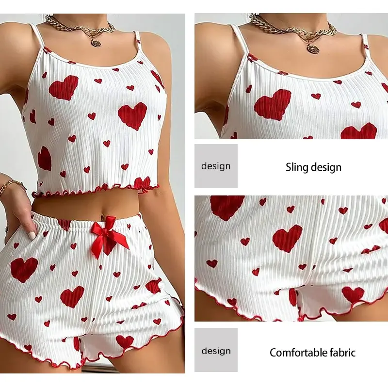 Women's Pajamas Set Sleepwear 2 PCS Short Tank Tops And Shorts S M L XL White Ventilate Soft Casual Love Printing Nightgown