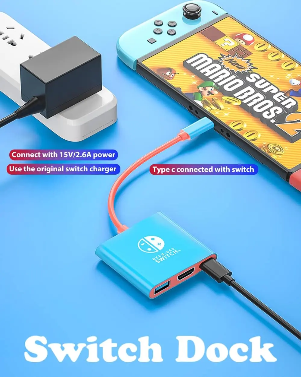 Portable Docking Station for Nintendo Switch, 4K HDMI, USB 3.0 Hub Adapter, USB-C Splitter TV, Laptops, MacBook Air Pro