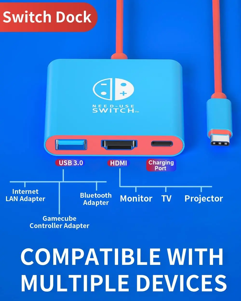 Portable Docking Station for Nintendo Switch, 4K HDMI, USB 3.0 Hub Adapter, USB-C Splitter TV, Laptops, MacBook Air Pro