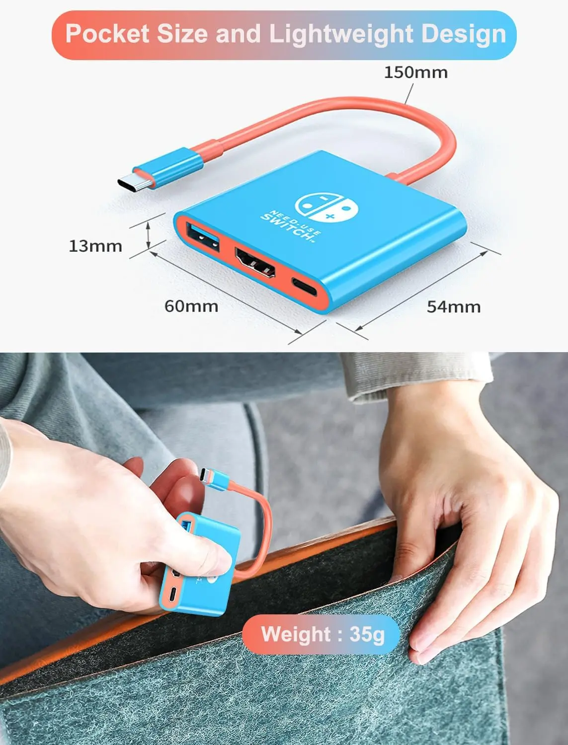Portable Docking Station for Nintendo Switch, 4K HDMI, USB 3.0 Hub Adapter, USB-C Splitter TV, Laptops, MacBook Air Pro