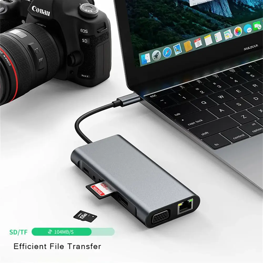 11 In 1 Usb C Hub For Macbook Air Pro, Compatible Type C To Hdmi,Usb3.0 Rj45, 11 Port Base With Pd, Tf, Sd, Aux, Splitter 3.0