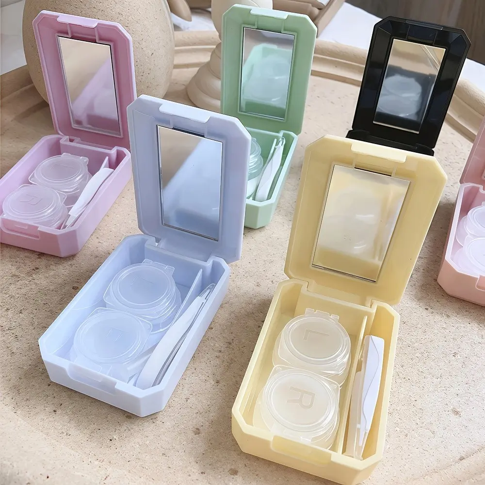 Contact lens case, solid color simple portable mini flip cover press fit double box. Solid color minimalist design.zwq
