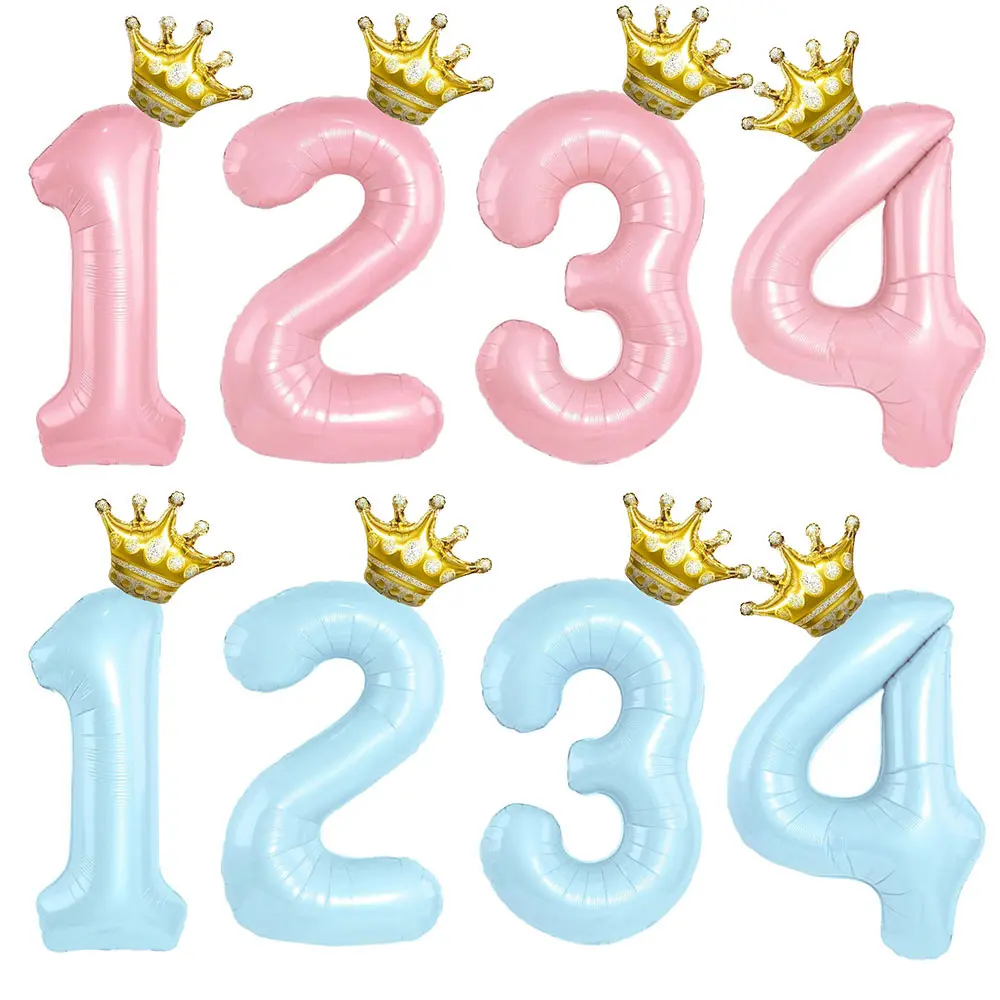 40inch Pastel Light Blue Pink Foil Number Balloon With Crown 1 2 3 4 5 6 Boy Girl Birthday Party Baby Shower Wedding Decoration
