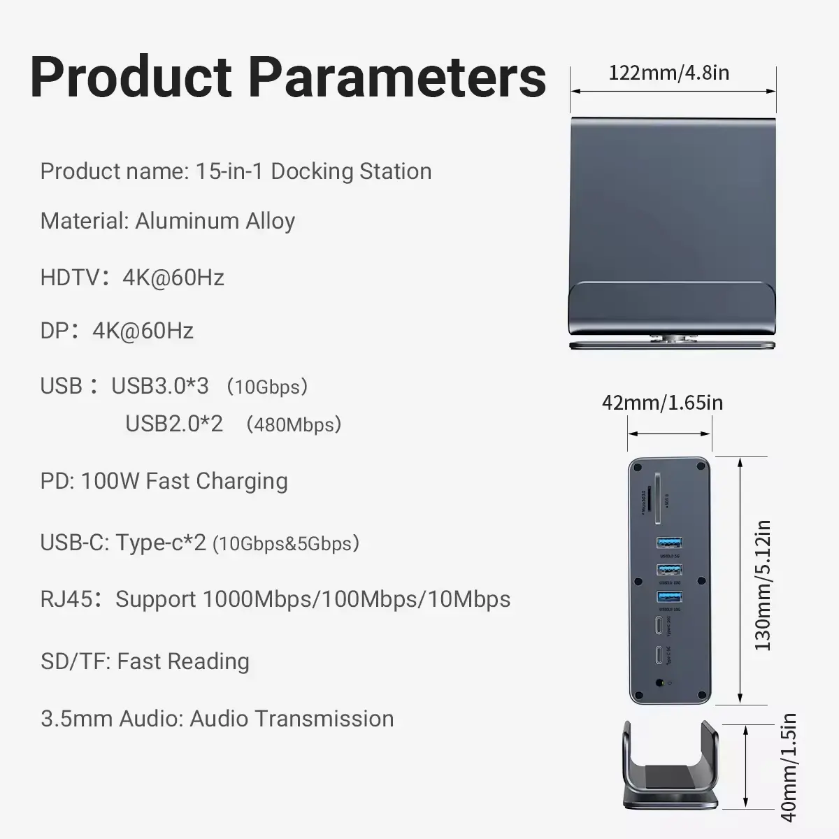 15 in 1 Hub Type-C Docking Station 4K@60Hz HDMI DisplayPort USB A RJ45 SD TF Audio 3.5mm Port Adapter for Macbook Pro Laptop PC