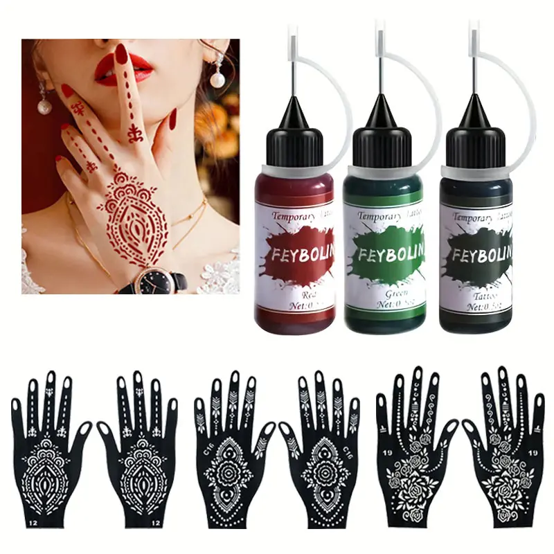 Long-Lasting Temporary Tattoo Inks And Stencils Kit,Freehand Painting Gel for Makeup Trend Party Tattoos Facial Painting Body
