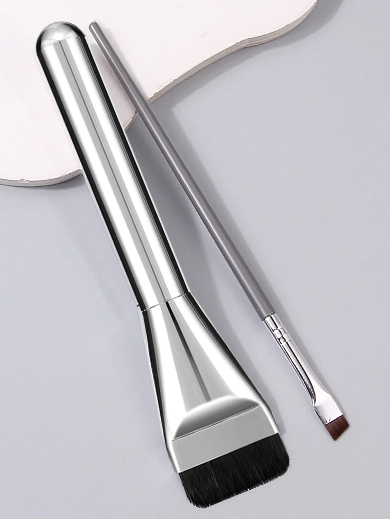 2pcs silver makeup brush set, ultra-thin fine eyeliner brush,flat-head foundation brush, suitable for base makeup and eye makeup