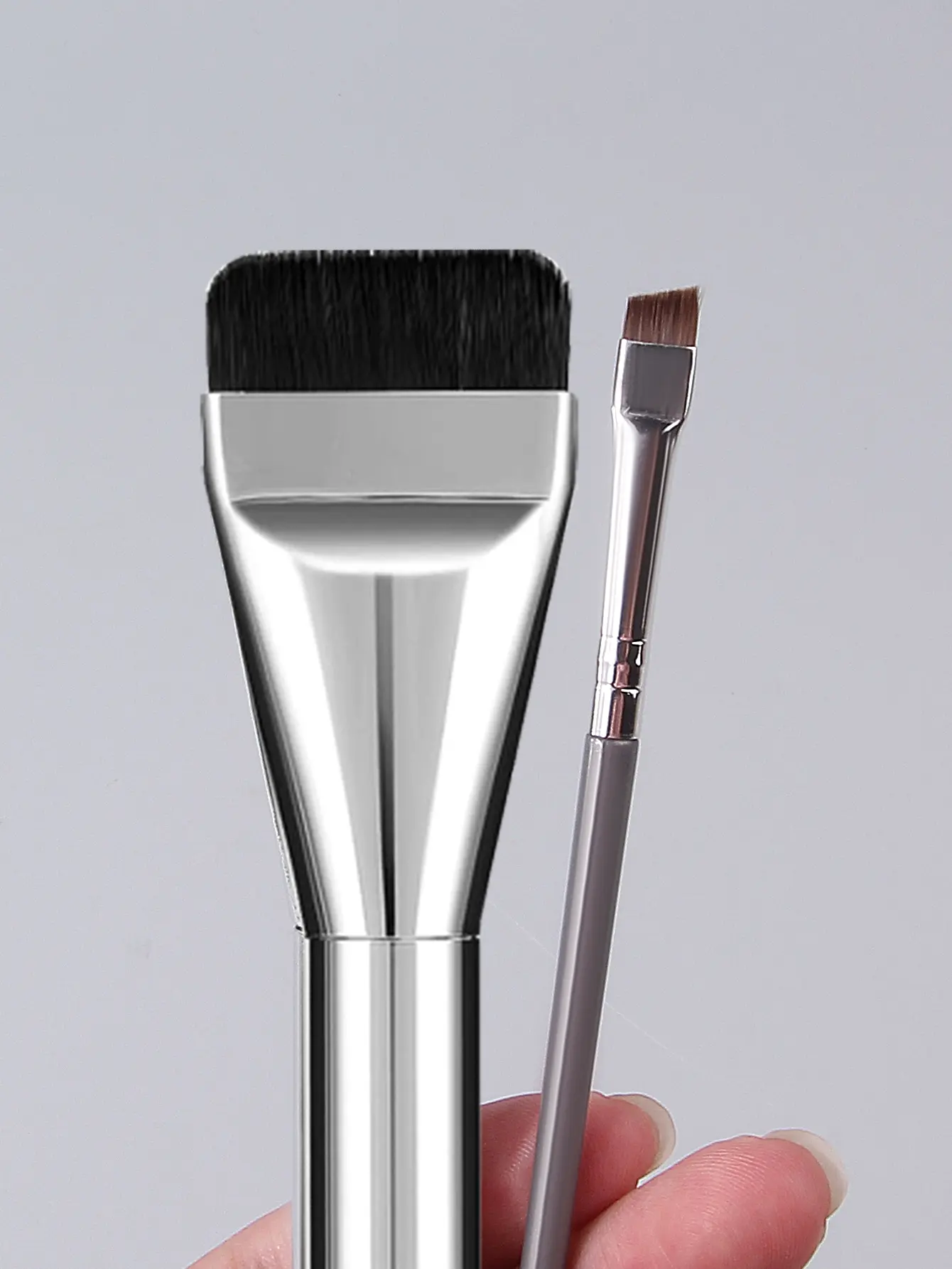 2pcs silver makeup brush set, ultra-thin fine eyeliner brush,flat-head foundation brush, suitable for base makeup and eye makeup