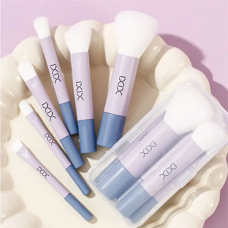 6Pcs Travel Makeup Brushes Set with Storage Box Macron Portable Cosmetic Powder Blush Nose Shadow Brush Contouring Brushes Set