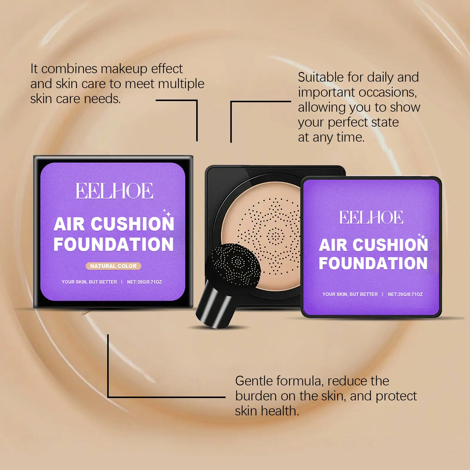 EELHOE Air Cushion Liquid Foundation Mushroom Head Makeup Cosmetics Waterproof High Coverage Makeup Base Moisturizing Foundation