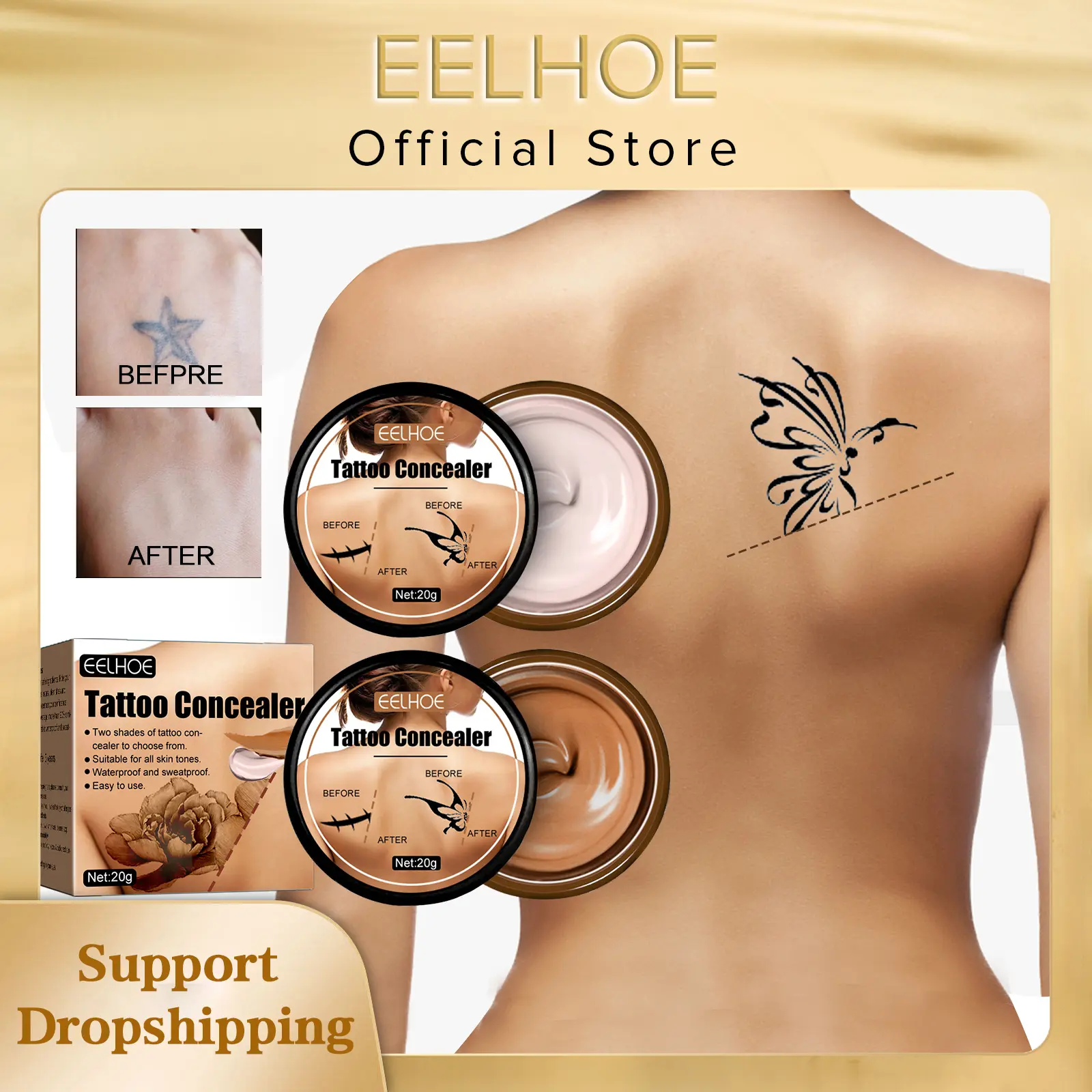 EELHOE Tattoo Concealer Cover Scar Birthmarks Spots Hide Blemish Skin Brighten Long Lasting Cover Waterproof Concealer Cream