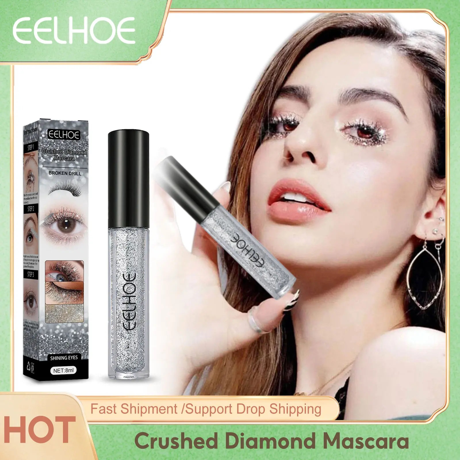 EELHOE Diamond Mascara Long Lasting Waterproof Volume Lashes Extension Lengthening Eyelashes Curling Mascara Shimmer Cosmetics