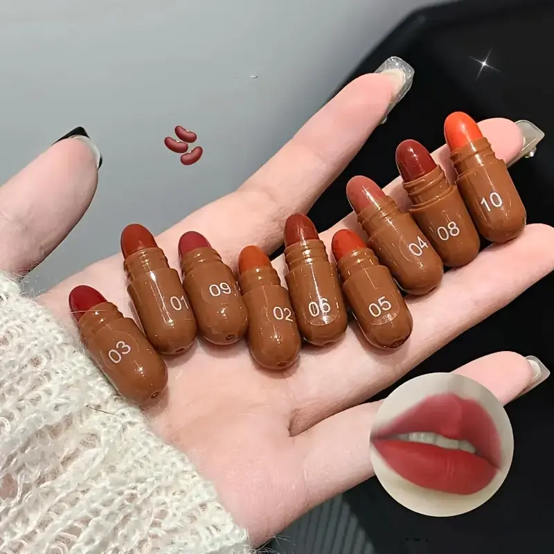 10Pcs Chocolate Mini Lipstick Set,Long-Lasting Matte Velvet Lipstick,Creamy Texture,Non-sticky Cup Design for all Skin Types
