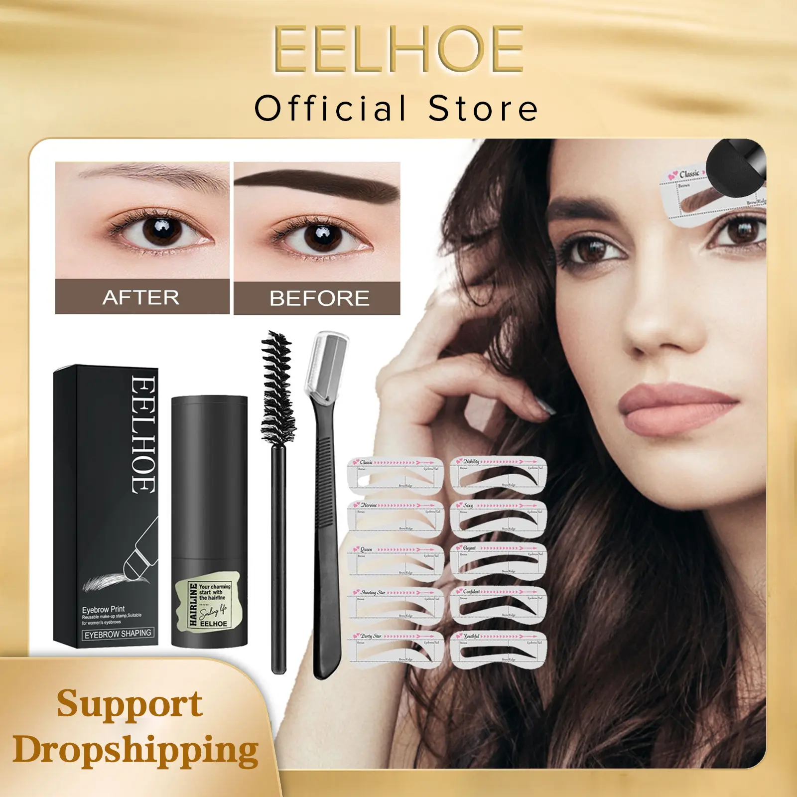 EELHOE One Step Eyebrow Stamp Shaping Kit Professional Fast Eye Brow Makeup Shape Waterproof Hairline Stick Eyebrow Brushes Set
