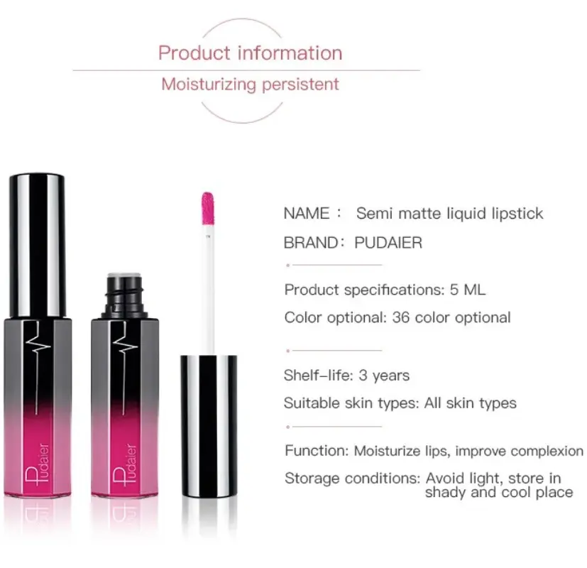 Pudaier Matte Liquid Lipstick Lip Gloss Makeup Lip Sticks Batom Long Lasting Waterproof Lip Tint Pigment 2018 Make Up Cosmetics