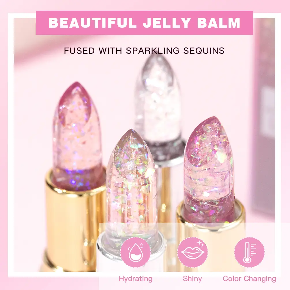 QIBEST Glitter Lipstick Lip Balm Color Change Transparent Moisturizing Crystal Jelly Pearlescent Lip Plumper Gloss Tint Cosmetic