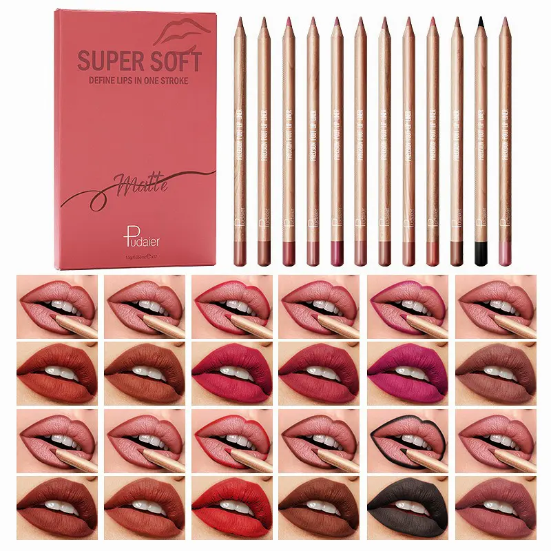 Pudaier 12pcs Matte Waterproof Multi-color Lip Liner Set, Long-lasting, Sweat-proof, Natural Valentine's Day Gift