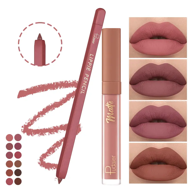 Pudaier Matte Lipstick and Lip Liner Set - Long-lasting, waterproof, non-sticky formula that glides on smoothly for a perfectly