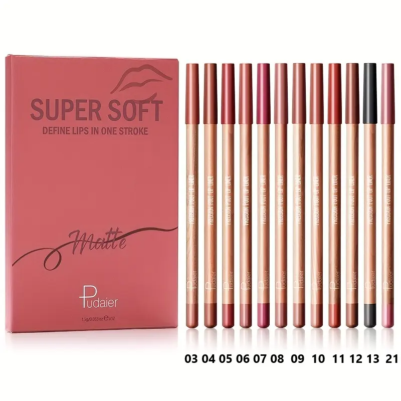 Pudaier 12pcs Matte Waterproof Multi-color Lip Liner Set, Long-lasting, Sweat-proof, Natural Valentine's Day Gift