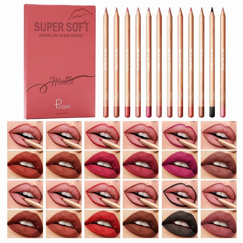 Pudaier 12pcs Matte Waterproof Multi-color Lip Liner Set, Long-lasting, Sweat-proof, Natural Valentine's Day Gift