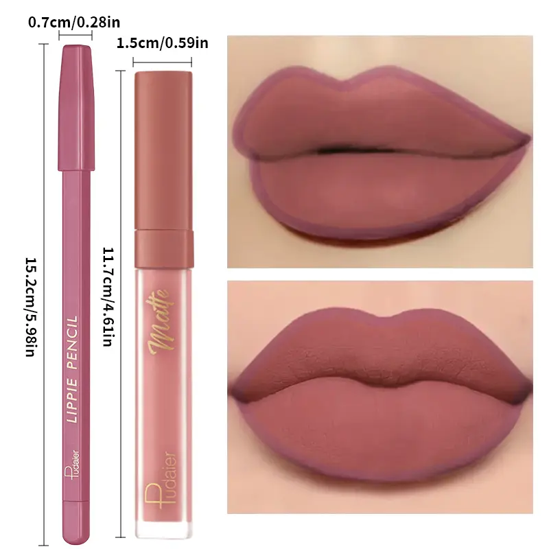 Pudaier Matte Lipstick and Lip Liner Set - Long-lasting, waterproof, non-sticky formula that glides on smoothly for a perfectly