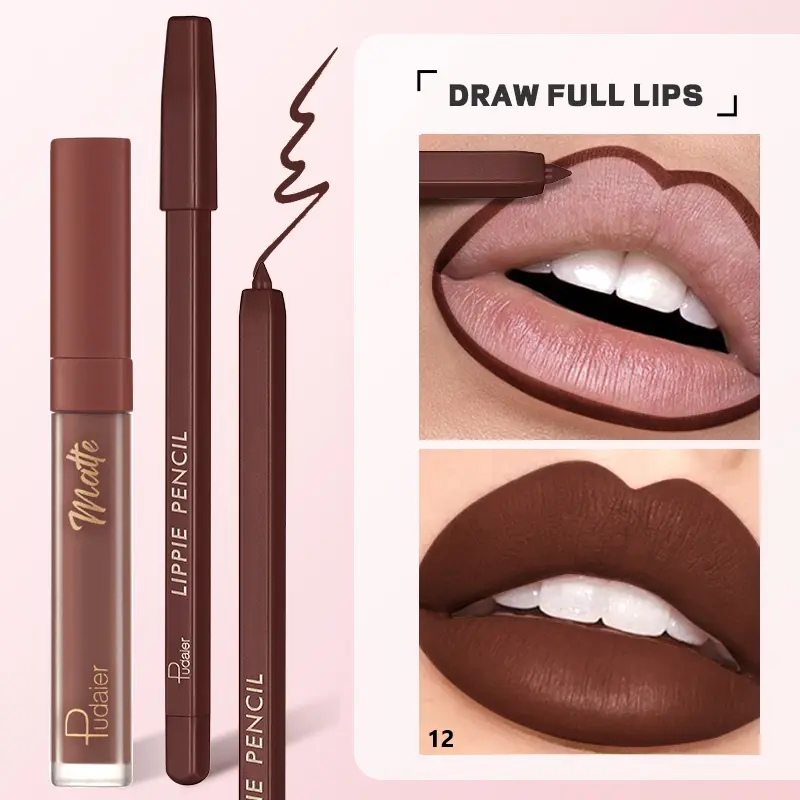 Pudaier Matte Lipstick and Lip Liner Set - Long-lasting, waterproof, non-sticky formula that glides on smoothly for a perfectly