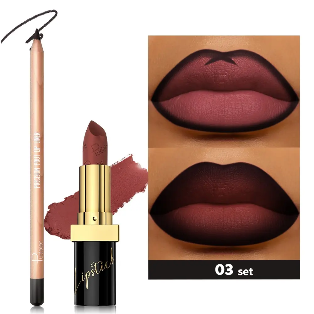 Pudaier 2pcs Matte Lipstick and Lip Liner Set - Waterproof, Sweat-proof, Long-lasting, Easy to Apply