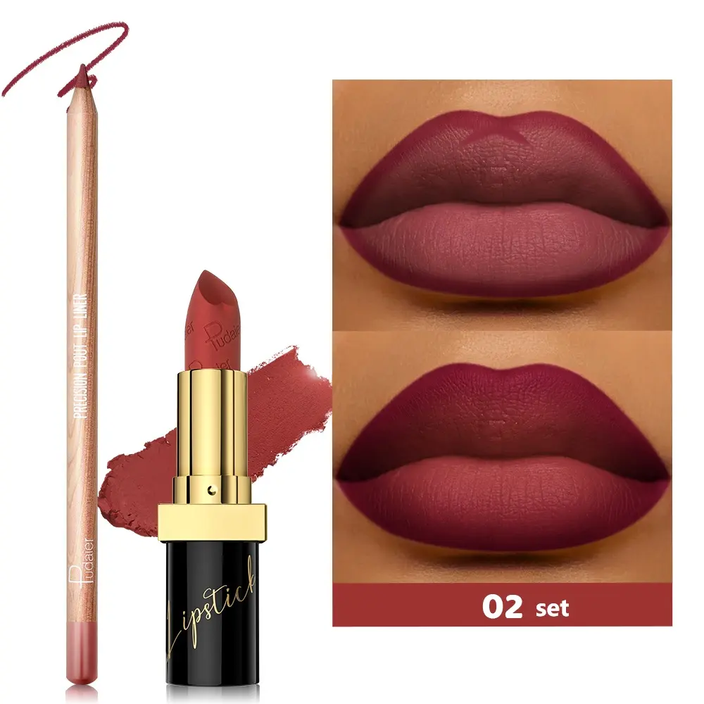 Pudaier 2pcs Matte Lipstick and Lip Liner Set - Waterproof, Sweat-proof, Long-lasting, Easy to Apply