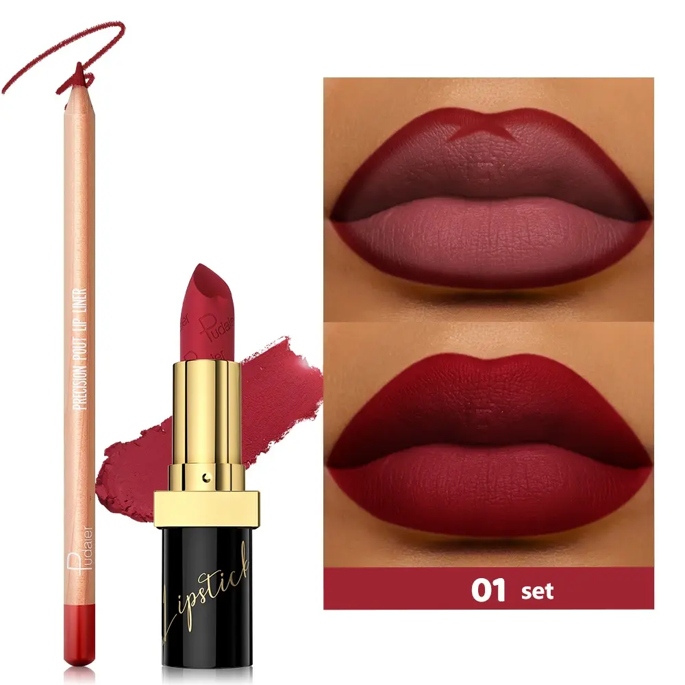 Pudaier 2pcs Matte Lipstick and Lip Liner Set - Waterproof, Sweat-proof, Long-lasting, Easy to Apply